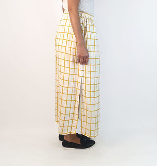 Elk white and mustard check print French linen skirt size 10