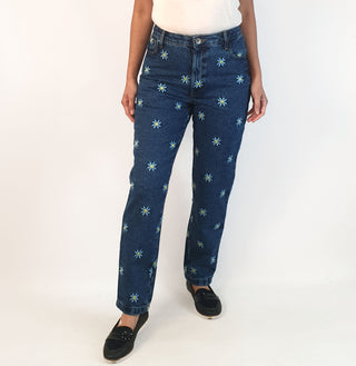 Lucy & Yak mid-denim straight leg pants with cute flower embroydery size W28/R (best fits AU10) as new with tags