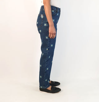 Lucy & Yak mid-denim straight leg pants with cute flower embroydery size W28/R (best fits AU10) as new with tags