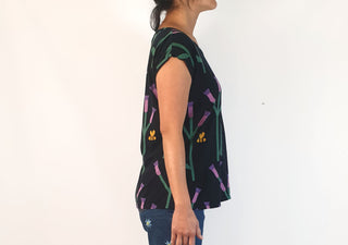 Leonard St black top with purple flower and bee print size 10 (note: some wash wear)