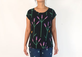 Leonard St black top with purple flower and bee print size 10 (note: some wash wear)