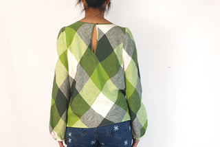 Gorman green check print linen long sleeve top size 10 (from 2023)