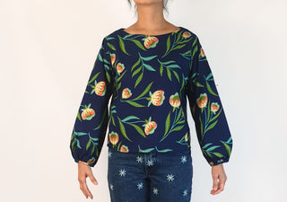 Karma East blue print cotton long sleeve top size S