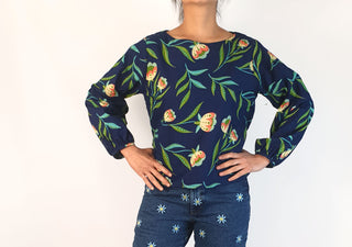 Karma East blue print cotton long sleeve top size S