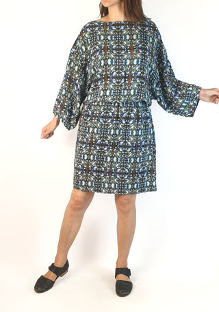 Megan Park elegant 100% silk blue - toned long sleeve dress size 1 (best fits size 8) Megan Park preloved second hand clothes 1