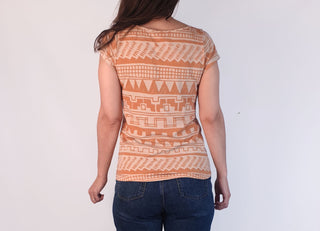 Obus orange unique print scoop neck top size 0, best fits 6 and 8