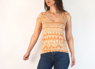 Obus orange unique print scoop neck top size 0, best fits 6 and 8