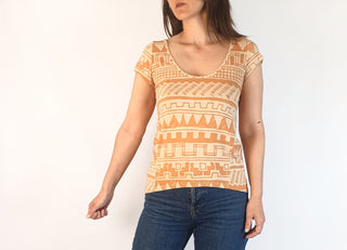 Obus orange unique print scoop neck top size 0, best fits 6 and 8