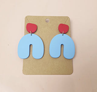 Blue and red U-shaped drop earrings