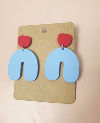 Blue and red U-shaped drop earrings