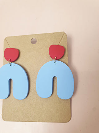 Blue and red U-shaped drop earrings