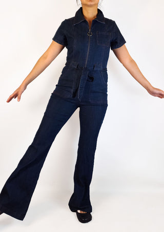 ModCloth denim flared jumpsuit size M (best fits 10)