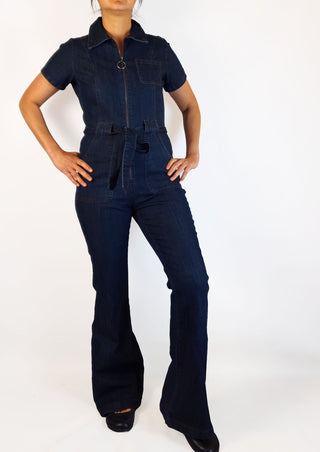 ModCloth denim flared jumpsuit size M (best fits 10)