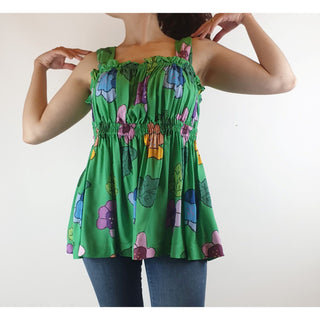 Obus green recycled rayon sleeveless top with pretty print size 10 Dear Littlle Panko preloved second hand clothes 1