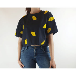 Alpha 60 pre-owned navy cropped cotton feel top with cute lemon shaped detail size S (best fits 10) Alpha 60 preloved second hand clothes 1