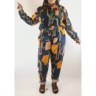 Lucy & Yak pre-owned colourful unique print cord jumpsuit with cute front buttons size L (best fits size 14) Lucy & Yak preloved second hand clothes 1