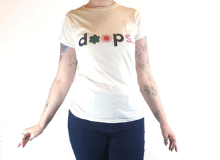 Doops white tee shirt with fun logo size XL (tiny fit, best fits size 12) Doops preloved second hand clothes 3