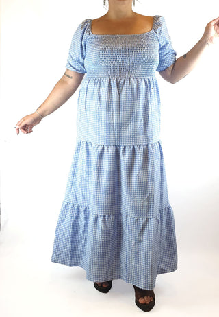 Light blue and white gingham print multi tiered maxi dress fits size 14-16 Unknown preloved second hand clothes 1