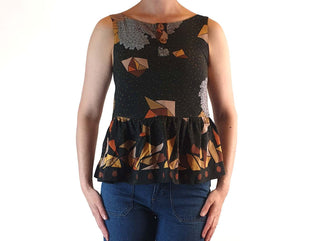 Obus black sleeveless top with stunning print and wooden buttons size 1 (best fits 6) Obus preloved second hand clothes 2