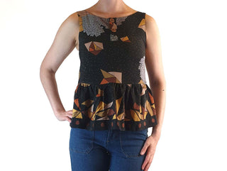 Obus black sleeveless top with stunning print and wooden buttons size 1 (best fits 6) Obus preloved second hand clothes 3