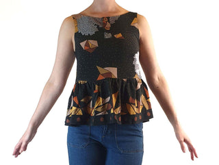 Obus black sleeveless top with stunning print and wooden buttons size 1 (best fits 6) Obus preloved second hand clothes 1