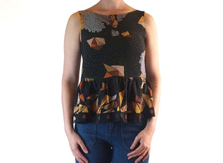 Obus black sleeveless top with stunning print and wooden buttons size 1 (best fits 6) Obus preloved second hand clothes 4