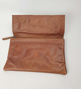 Little Traveller brown leather clutch with front fabric detail Little Traveller preloved second hand clothes 3