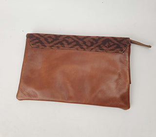 Little Traveller brown leather clutch with front fabric detail Little Traveller preloved second hand clothes 4