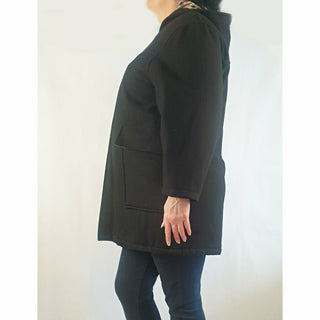Black wool or wool mix feel coat with hood, front pockets and gingham lining - fits size 16 Unknown preloved second hand clothes 6