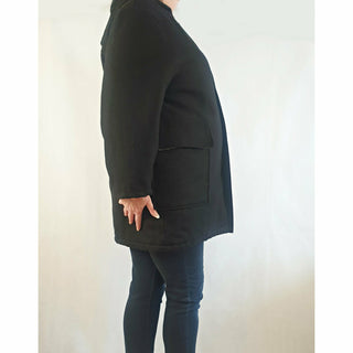 Black wool or wool mix feel coat with hood, front pockets and gingham lining - fits size 16 Unknown preloved second hand clothes 5