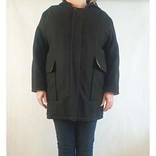 Black wool or wool mix feel coat with hood, front pockets and gingham lining - fits size 16 Unknown preloved second hand clothes 3