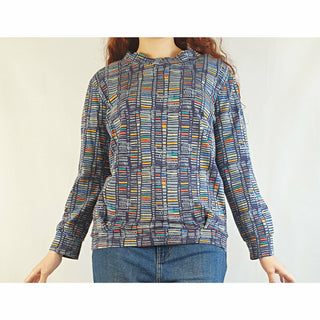 Blue pre-owned long sleeve top with unique colourful print size S (best fits size 10) Unknown preloved second hand clothes 1