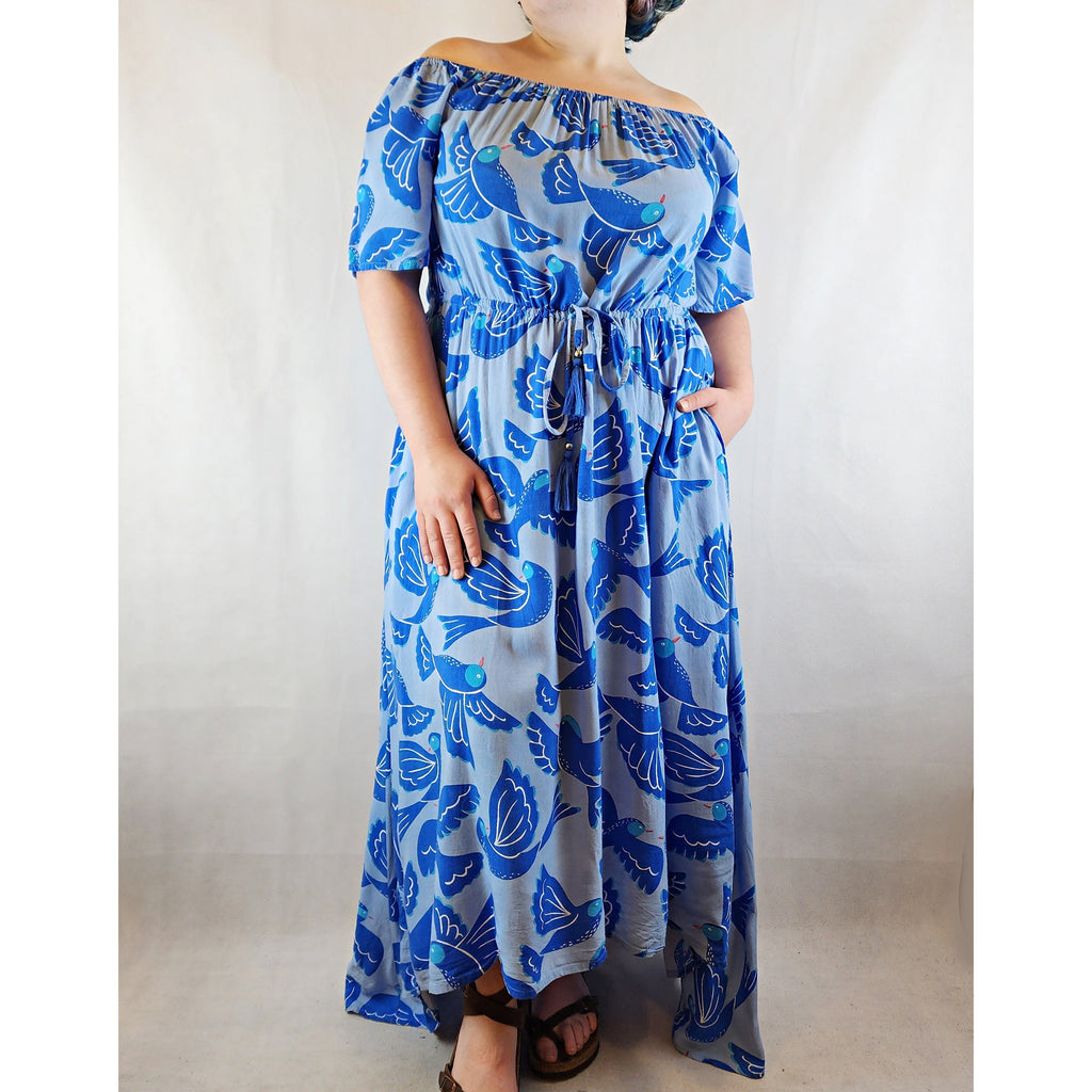 Boho Bird pre-owned blue maxi dress with blue bird print size 14 – Dear