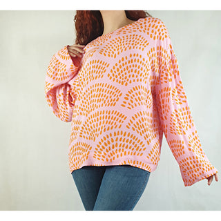 Bright pink pre-owned long sleeve top with orange print size SM (fits sizes 10-12) Unknown preloved second hand clothes 1