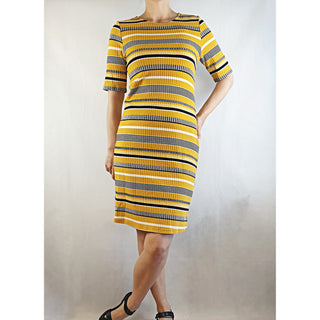 Kuwaii yellow ribbed stretchy half sleeve striped dress size 10 (best fits size 8) Dear Little Panko preloved second hand clothes 1